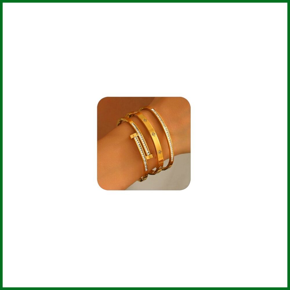 Gold Plated Bangle Bracelets Set, 3 Piece Elliptical Design with Cubic Zirconia